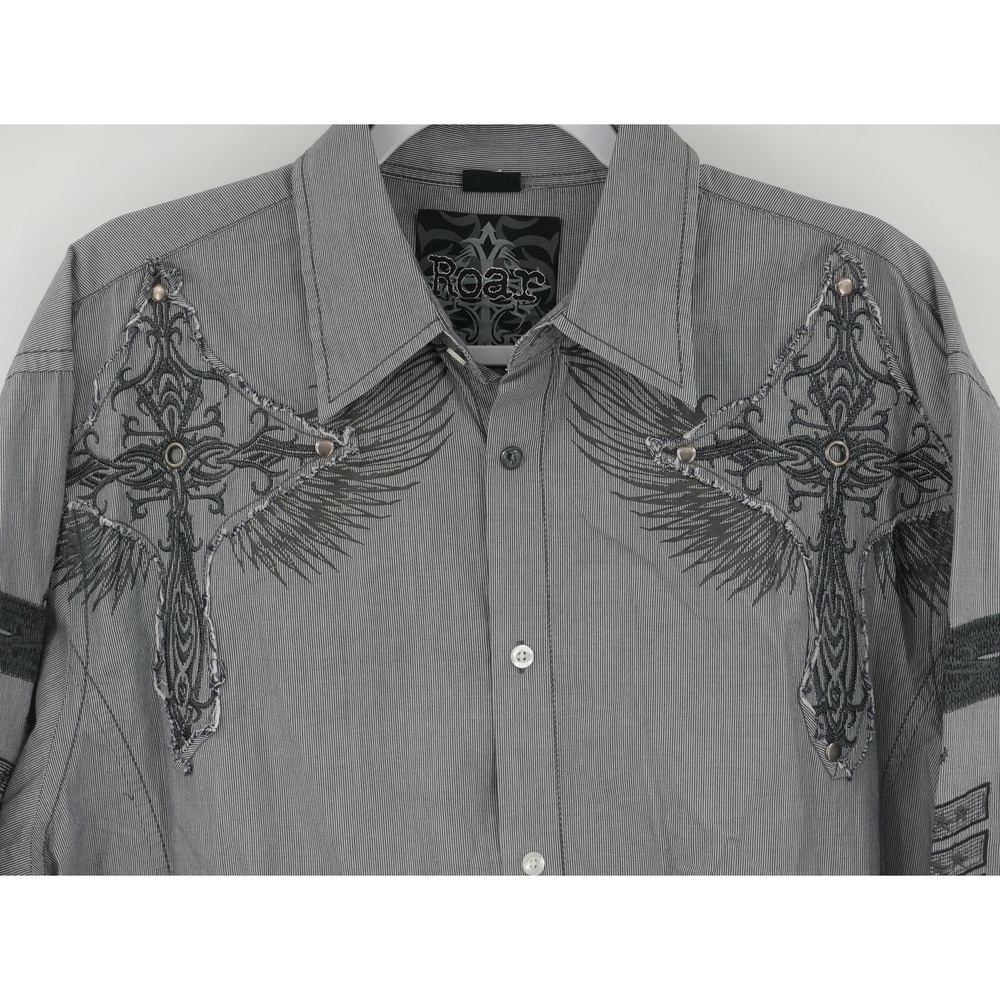 Roar Shirt Gray Embroidered Cross Rhinestone Long Sleeve Button Up Men's 2XL